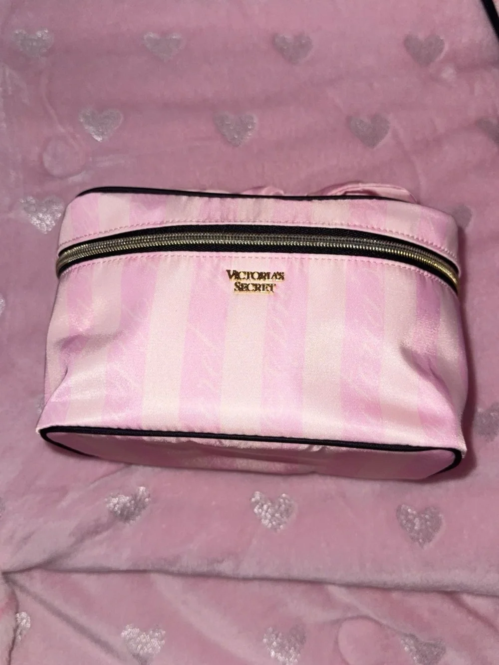 RARE Victoria's Secret Pink Striped Bow Cosmetic Case